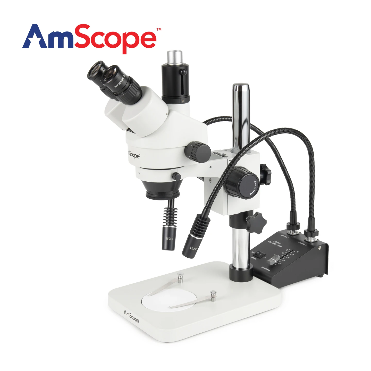 AmScope SM-1 Series Zoom Trinocular Stereo Microscope with 6W Dual-Gooseneck LED Illuminator on Pillar Stan