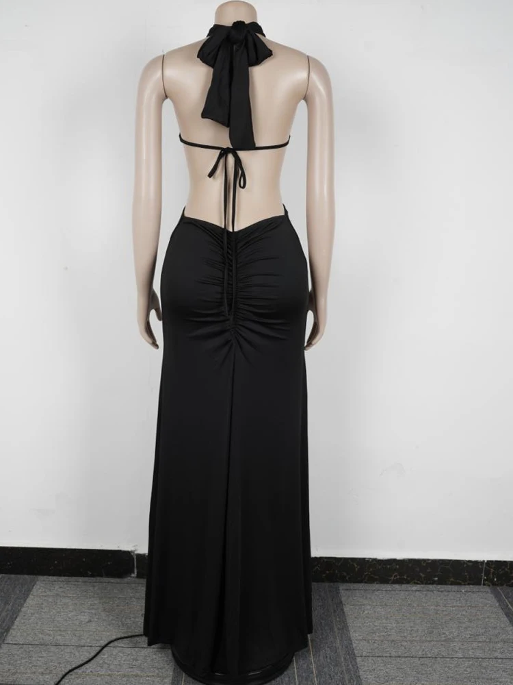 Kricesseen sexy recorte o-rings metal ruched maxi vestido roupas de férias das mulheres rendas bandagem vestidos de festa noite fora vestidos