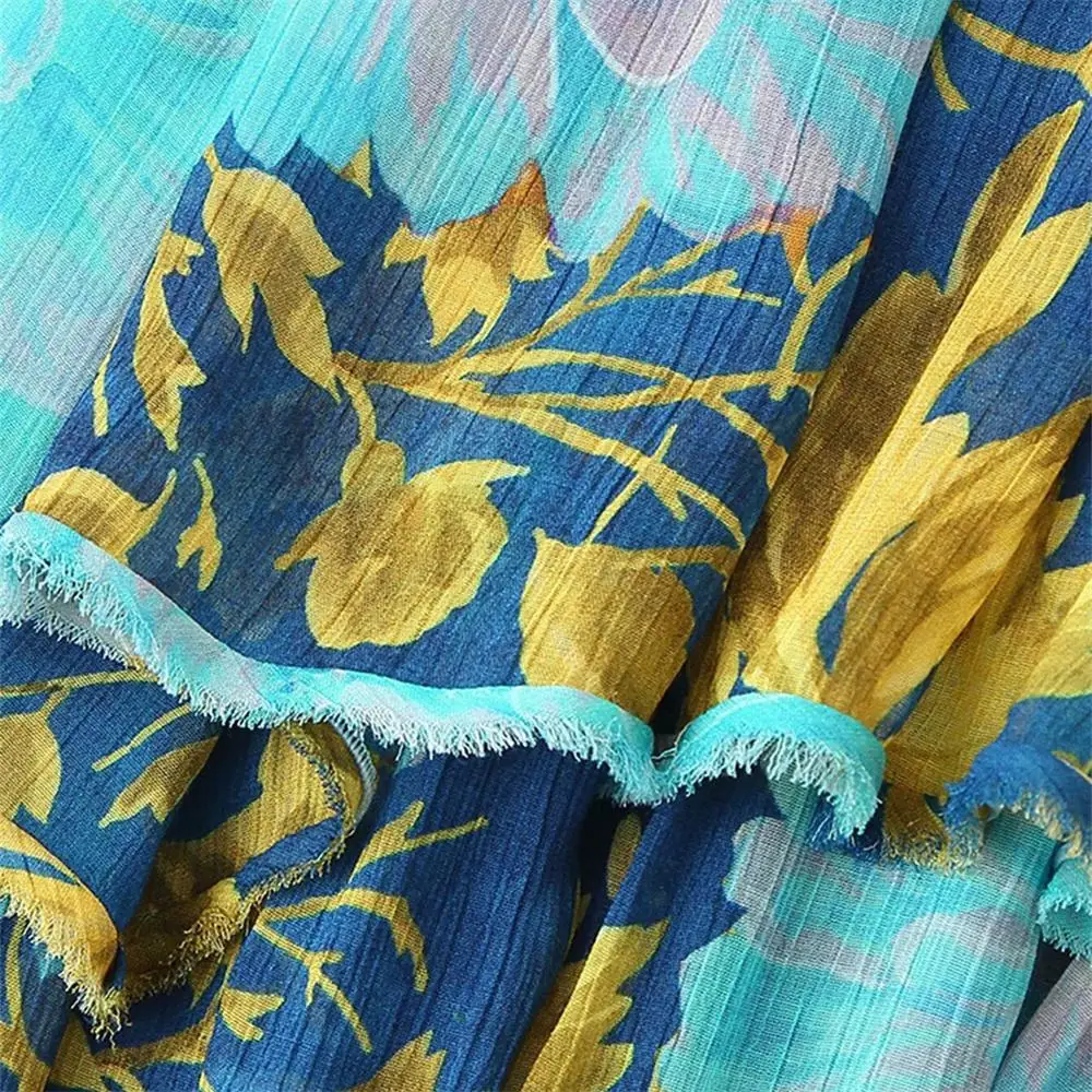 Feminino novo casual verão sem mangas chiffon vestido sem alças férias floral impressão em camadas bolo vestido doce moda