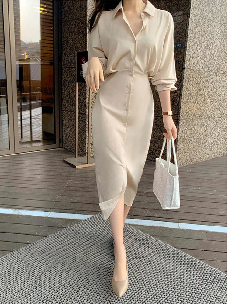 Colorfaith DR2226A New 2024 High Waist Vintage Lace Up Single Breasted Elegant Lady Spring Summer Women Shirt Dress Long Dress