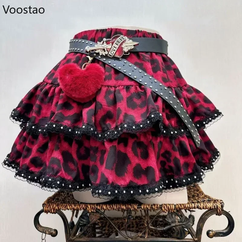 Y2k Aesthetic Japanese Vintage Lolita Style Denim Skirt Women Gothic Leopard Print Mini Skirts Streetwear Harajuku Punk JK Skirt
