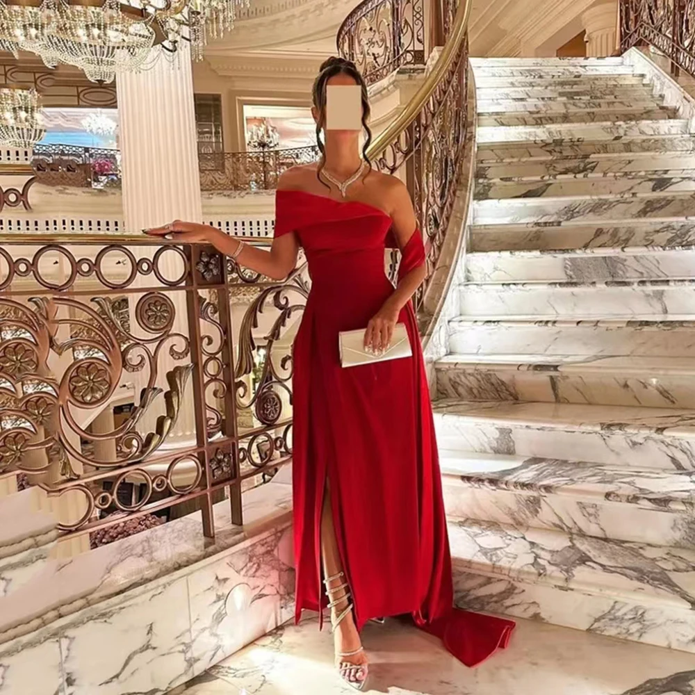 Msikoods Red Evening Dress Elegant With Shawl Side Slit Formal Prom Dress Pleated Party Dress Gowns Saudi Arabia Special Evens