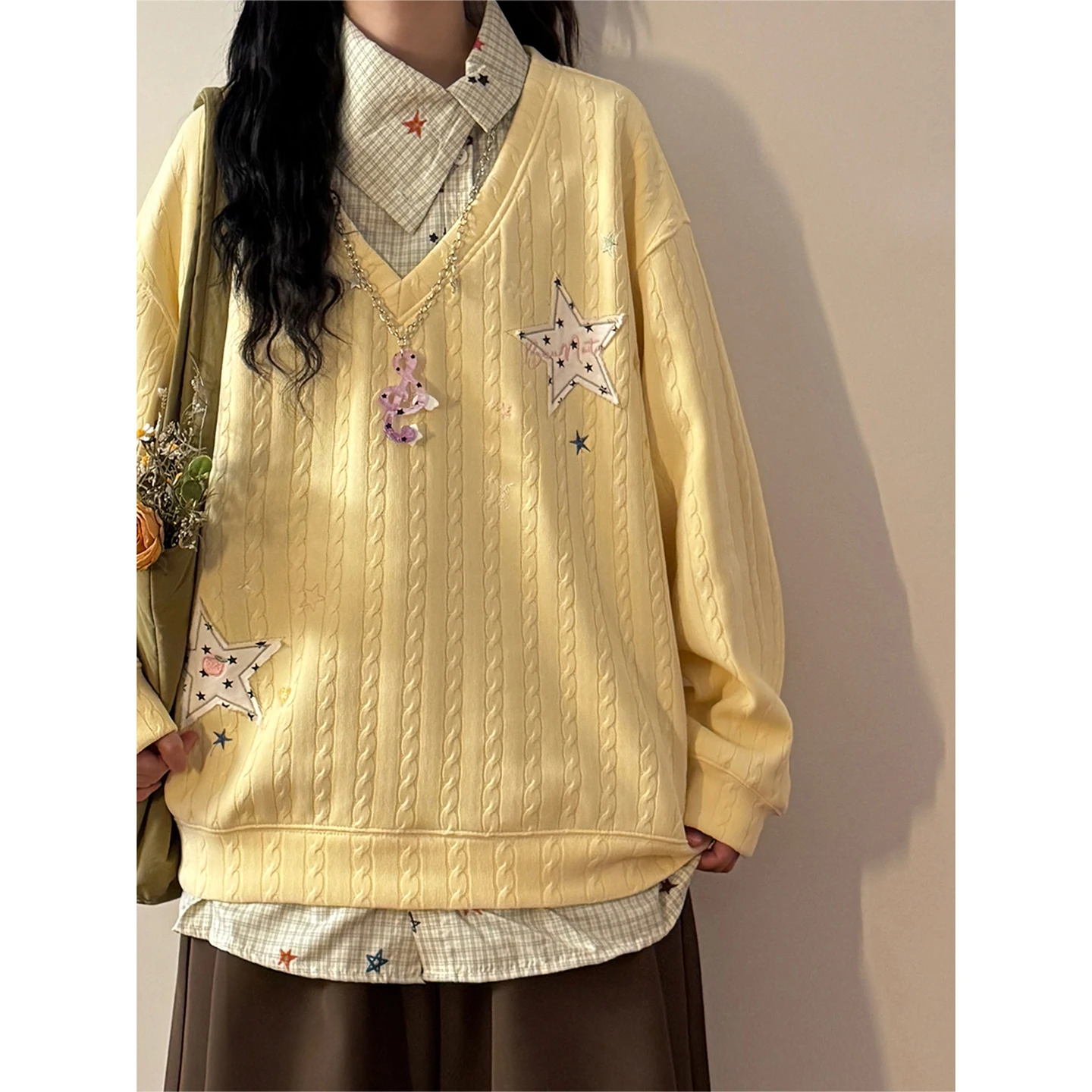 Loose Knitted Star Print Sweatshirt Women's Autumn New Style Fake Two-Piece College Style Top Eco-Friendly Fashion Design
