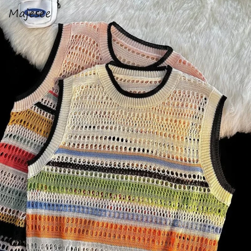 Colorful Vests Men Summer Hollow Out Japanese Style Vitality Knitted Youthful Simple Slouchy Versatile Advanced Round Neck Daily