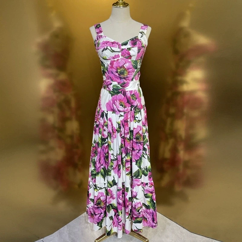 Luxury Designer Inspired Pink Floral Print Bustier Top and Pleated Skirt Set - High Quality Women's Two-Piece Outfit