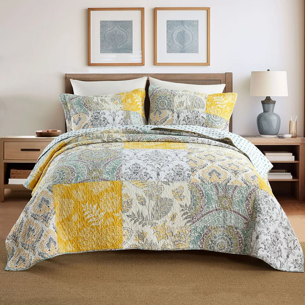 Patchwork 100% Cotton Quilt Lightweight Summer Quilted Bedspread Set 3PCS for AC Bedroom Decor King Queen Size Coverlet