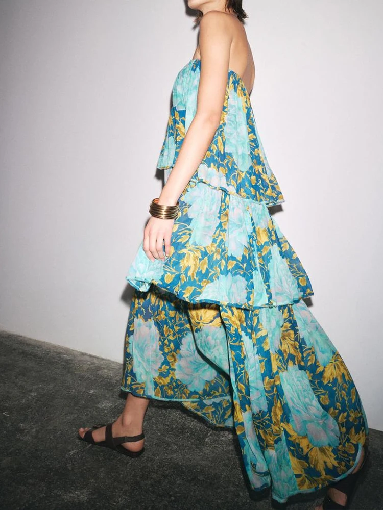 Estilo europeu e americano verão novo design de roupas femininas sentido tubo superior impressão fora do ombro em camadas vestido longo