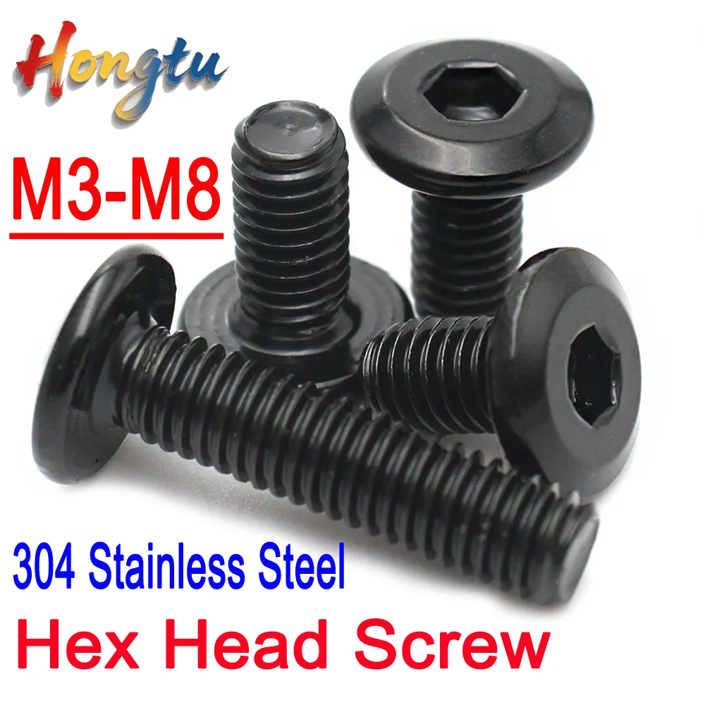 Hongtu 10-50PCS Black 304 Stainless Steel M3-M8 Hexagon Hex Socket Hypotenuse Flat Head Screw Bolt for Down Side Furniture