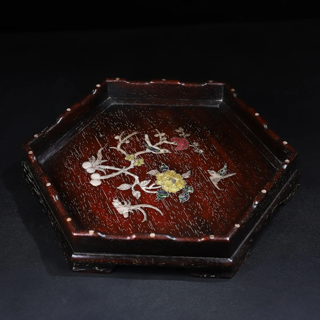 Rosewood Tea With Inlaid Shells And Hexagonal Curved Edges Storage Tray 6