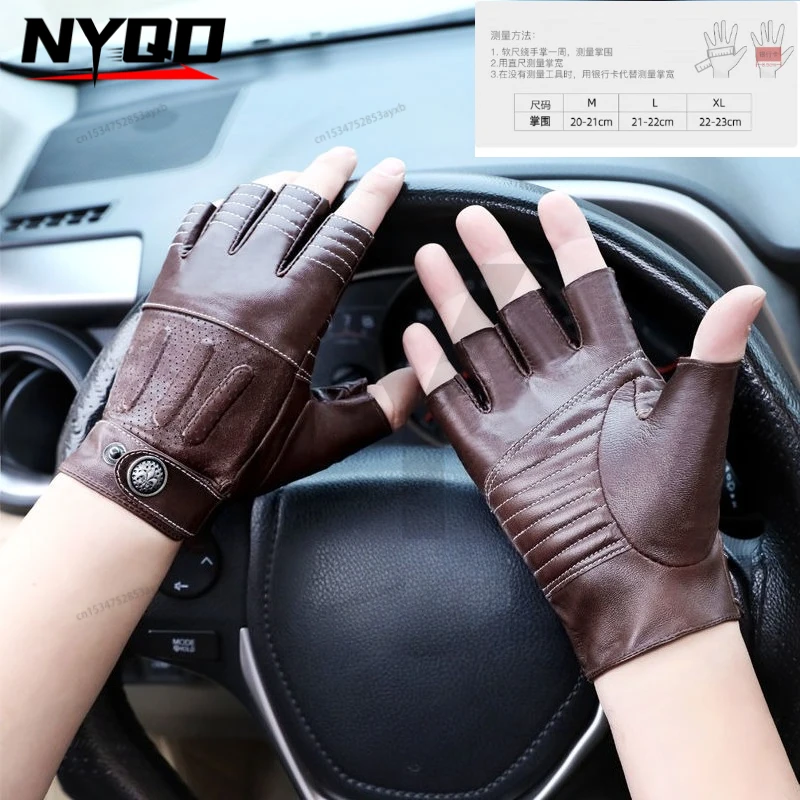 

Men Genuine Leather Gloves Fingerless Mittens Black Half Finger Outdoor Tactical Mens Leather Driving Gloves