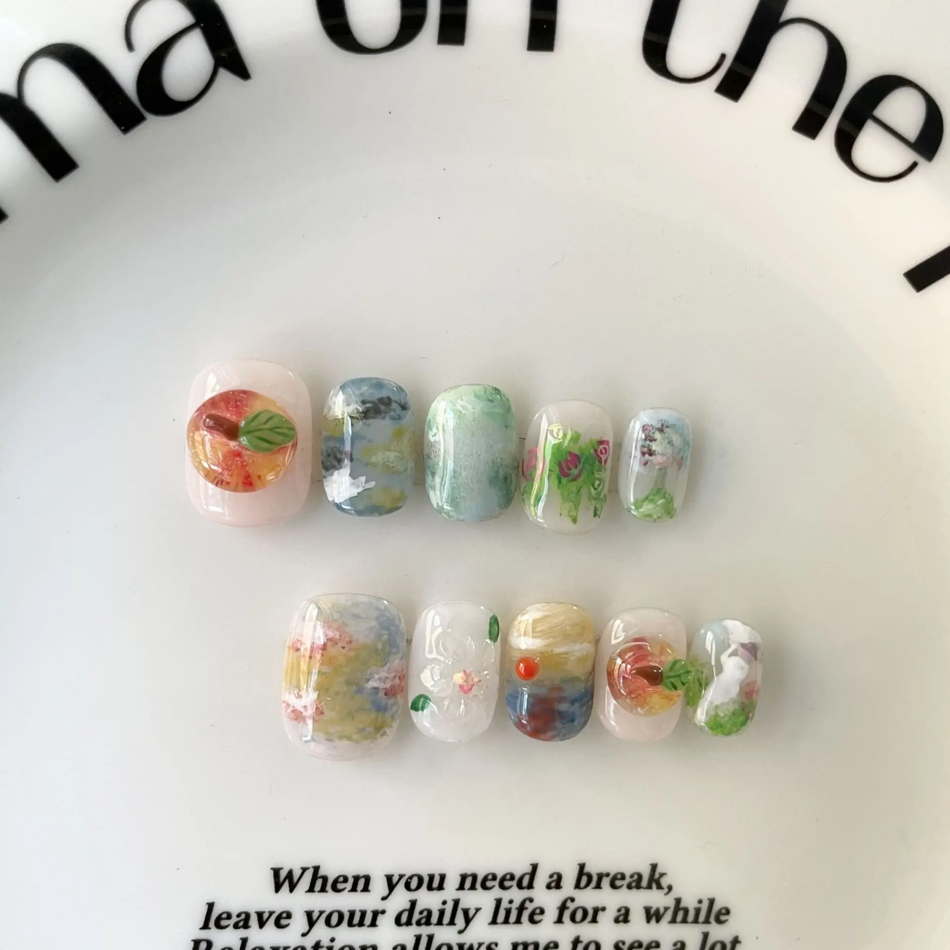 

10 Pieces of Fresh Girly Style Wearable Nails 3D Fruit and Flower Oil Painting Style Short Square and Round Fake Nails