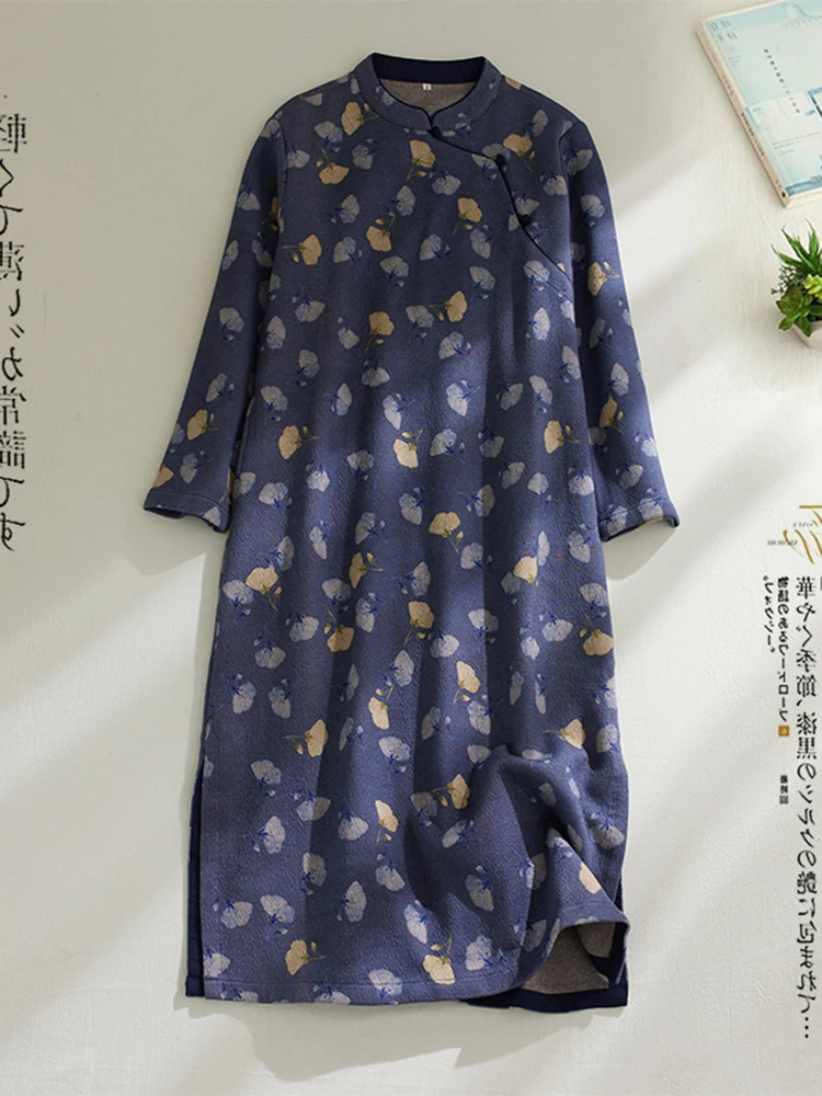 Retro Le Print Thiened Garza di cotone Lungo Sve Colletto alla coreana Dr plus Size Abbigliamento donna Grasso MM Button Plaet Maxi...