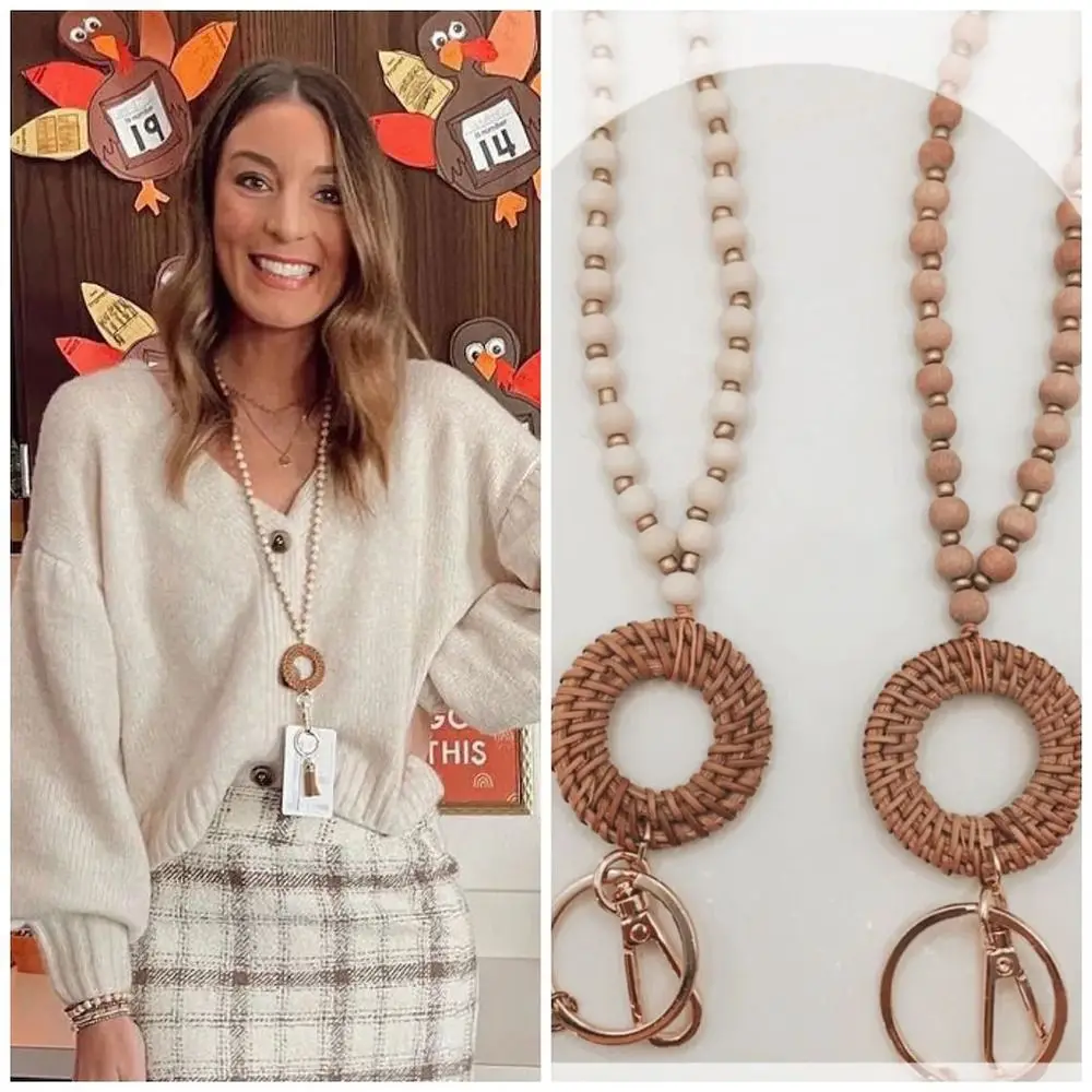 

Новый ротанговый шнурок с деревянными бусинами, брелок для работы, идентификационный значок, ожерелье, подарок медсестре, учителю, шнурок с бисером для женщин и мужчин