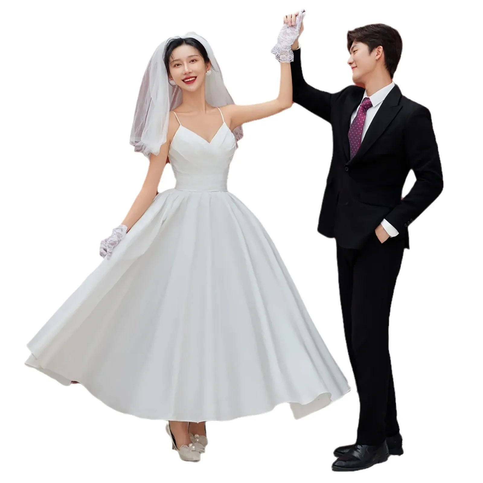 프렌치 라이트 웨딩 원피스 새틴 심플 캐미솔 스튜디오 테마 사진, 중간 길이 약혼