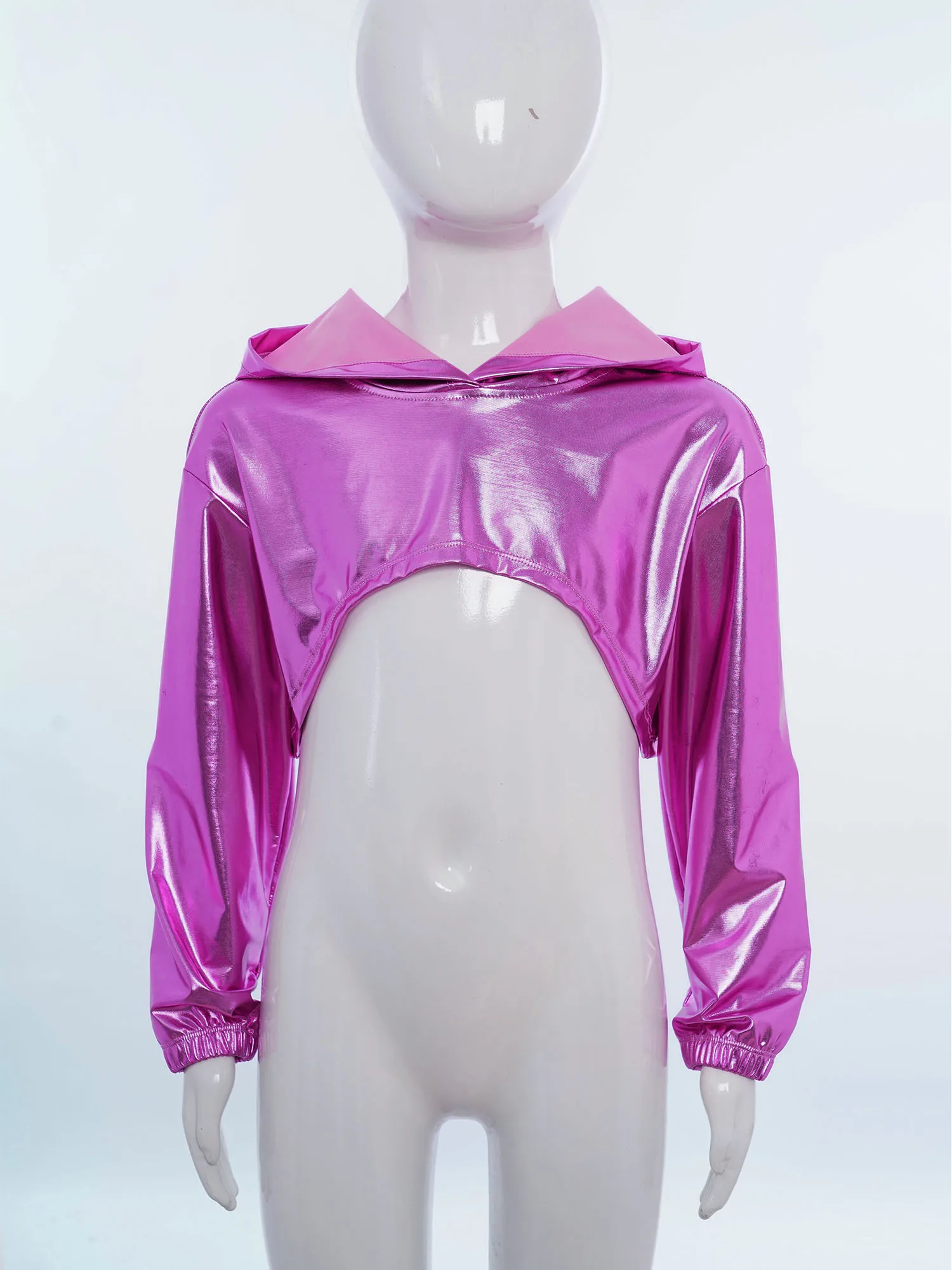 Kids Girls Hip-Hop Jazz Dance Hooded Cropped Top Modern Street Dance Performance Costume Metallic Hoodie Long Sleeve Shirts