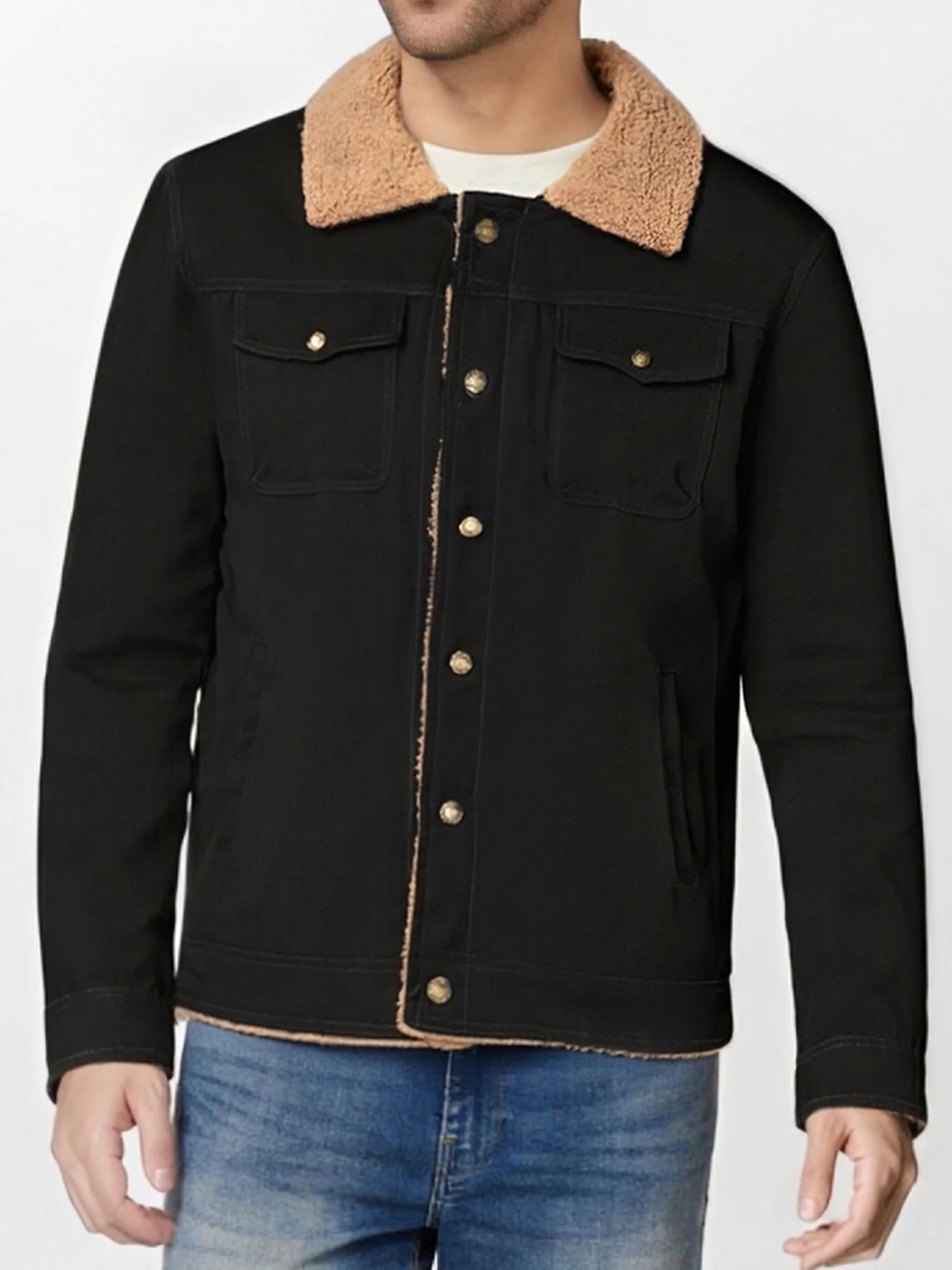 

Men s Winter Jacket Stylish Lapel Collar Fleece Lined Cargo Coat with Multiple Pockets and Button Closure