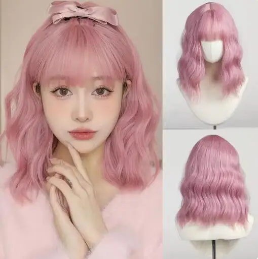 

Medium Length Wavy Synthetic Wigs with Bangs Natural Pink Wig for Women Lolita Cosplay Party Hair Heat Resistant Fibers