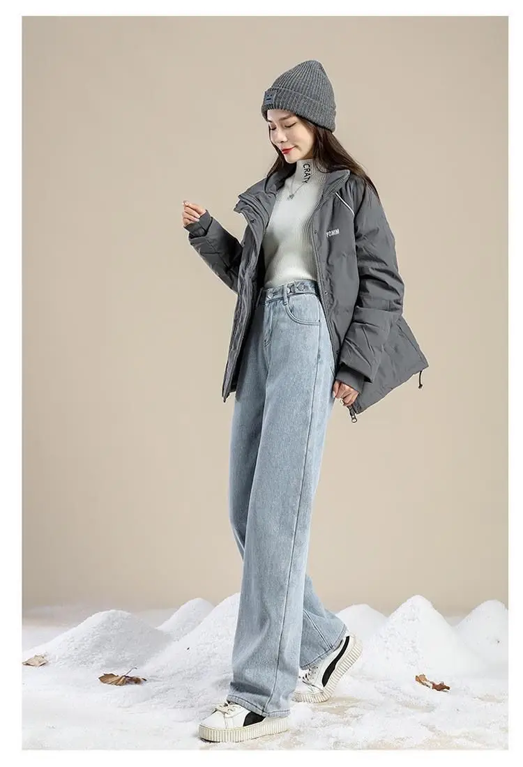 Women's 2024 Winter New Korean High Waist Versatile Loose Straight Leg Wide Leg Pants with Velvet Thickened Jeans