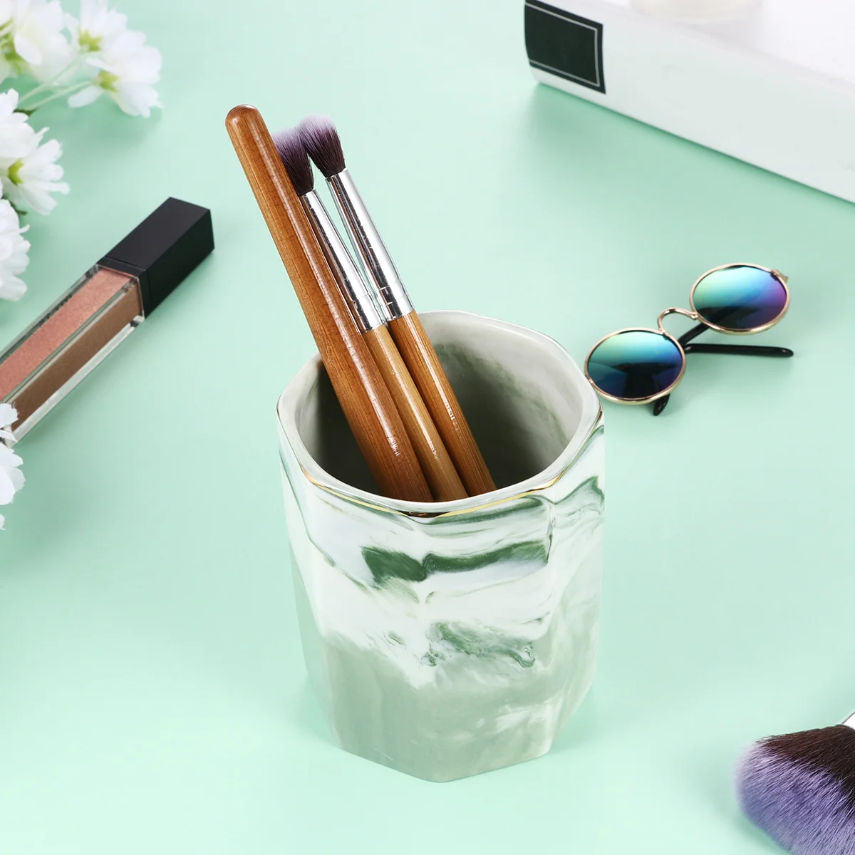 

Marbling Pen Holder -edged Ceramic Makeup Brush Container Desktop Organizer Pencil Holder (Green)