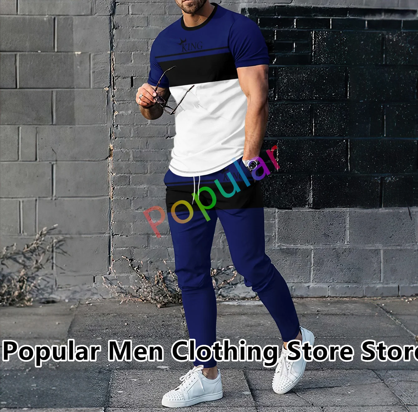 KING 3D Print Tracksuit For Men Solid Color Short Sleeve T Shirt+Long Pants 2 Piece Set Man Clothes Joogers Outfit Trousers Suit