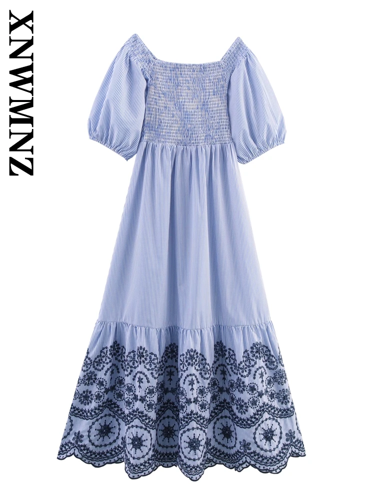 

XNWMNZ 2025 Summer New Lady Holiday boho Square Collar midi Dresses Chic Fashion Women Clothing Blue Short Sleeve Pleated dress