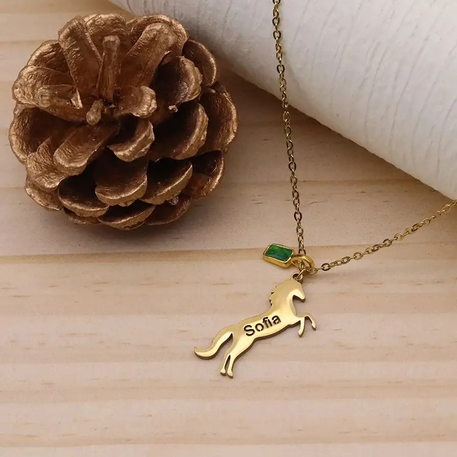 

Todorova Custom Name Hollow Horse Necklace Stainless Steel with Green Zircon Punk Jewelry Birthday Gift For Men Women