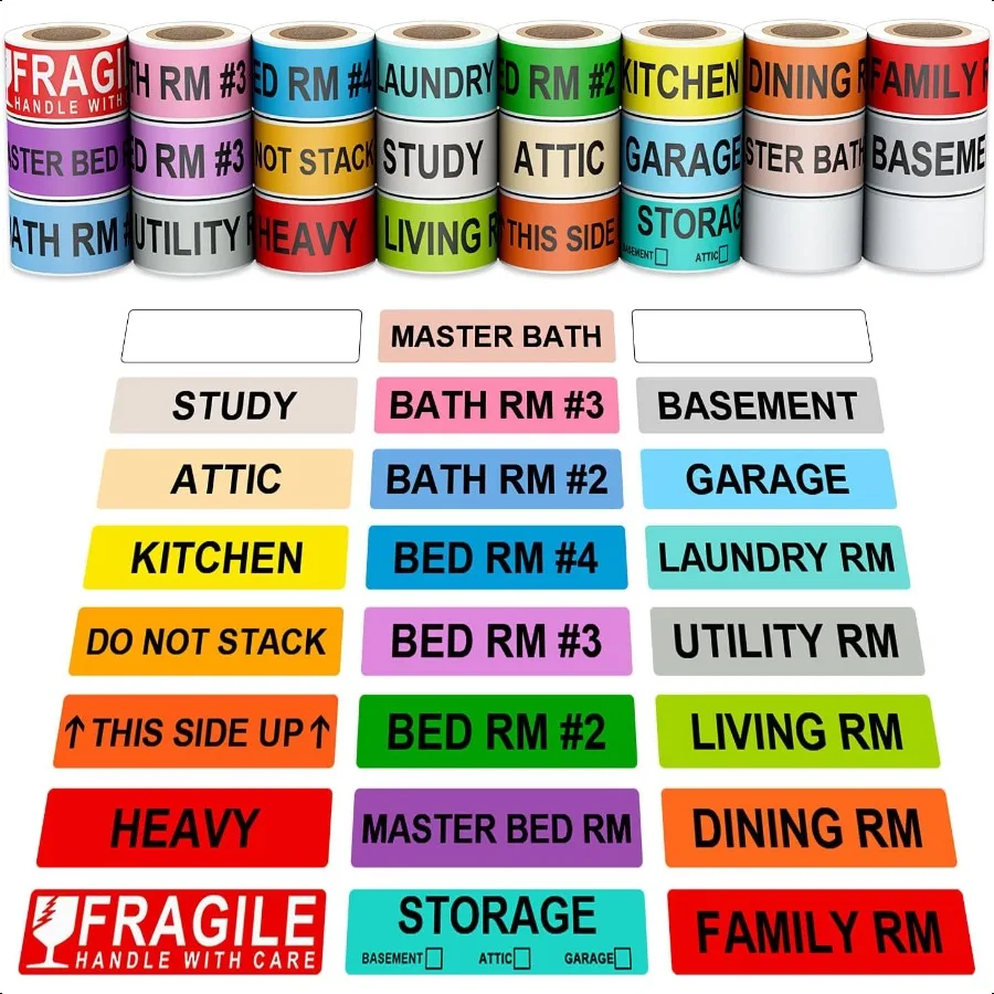 

Перемещение этикеток для коробок с цветовым кодом, 4 спальни, 1440 шт. 1x4,5, 24 рулона, движущиеся наклейки, 4 упаковочных этикетки для ванной комнаты для переезда коробки
