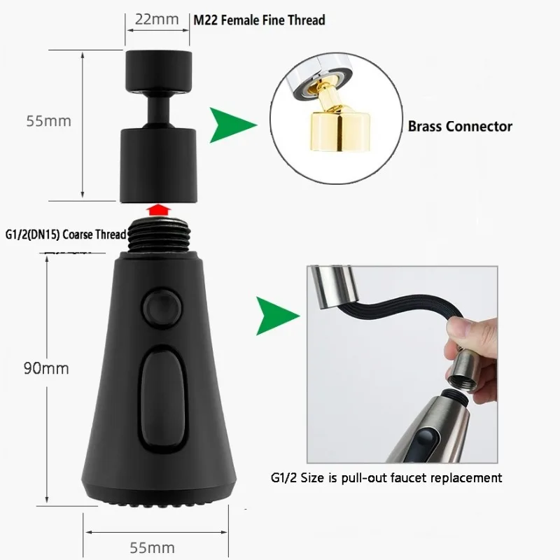 Kitchen Pull-out Faucet Head 360° Rotating Kitchen Flush High Pressure Faucet Sprayer Basin Sink Shower Eead Multifunctional Pul