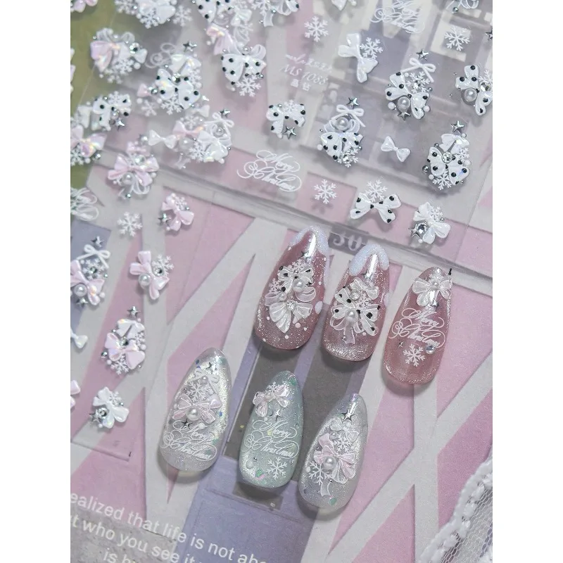 1Sheet 5D Embossed Christmas Ribbon Nail Decals Snowflake Pearl Star Stickers Decor for Nails Phone Case Resin DIY Craft