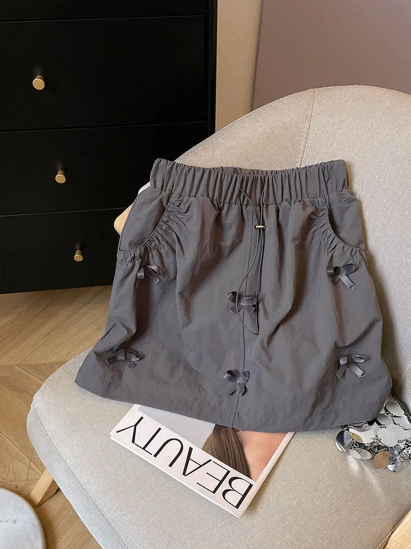 

American Retro Workwear Skirt Elastic Waist Design Unique Knot A-Line Half Skirt Women Summer Commute Korean S...
