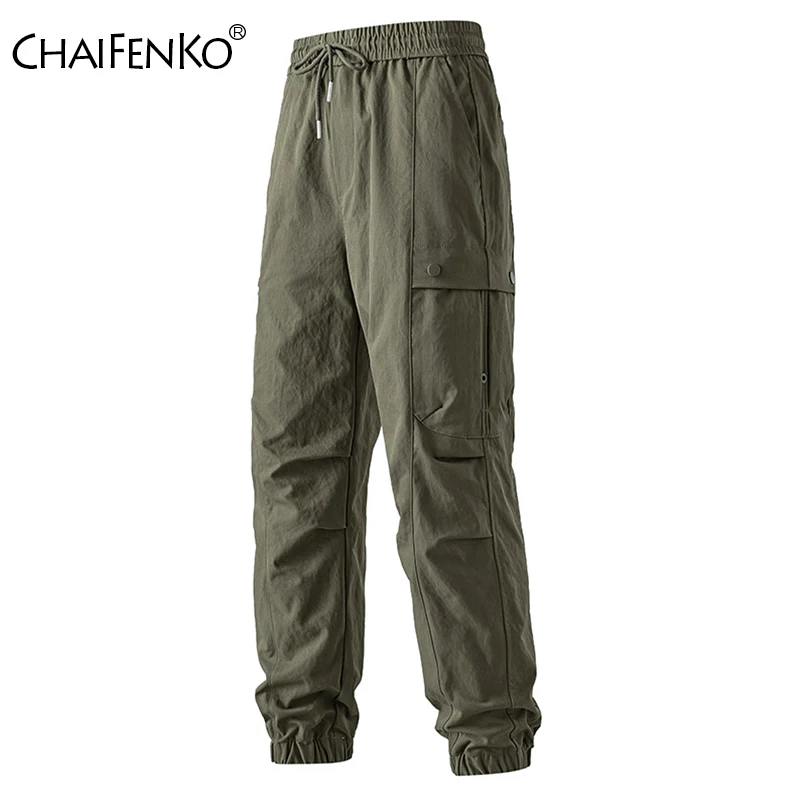 Spring Autumn Fashion Elasticity Retro Style Man Trousers New Loose Big Pocket Casual Pants Outdoors Simplicity Solid Cargo Pa