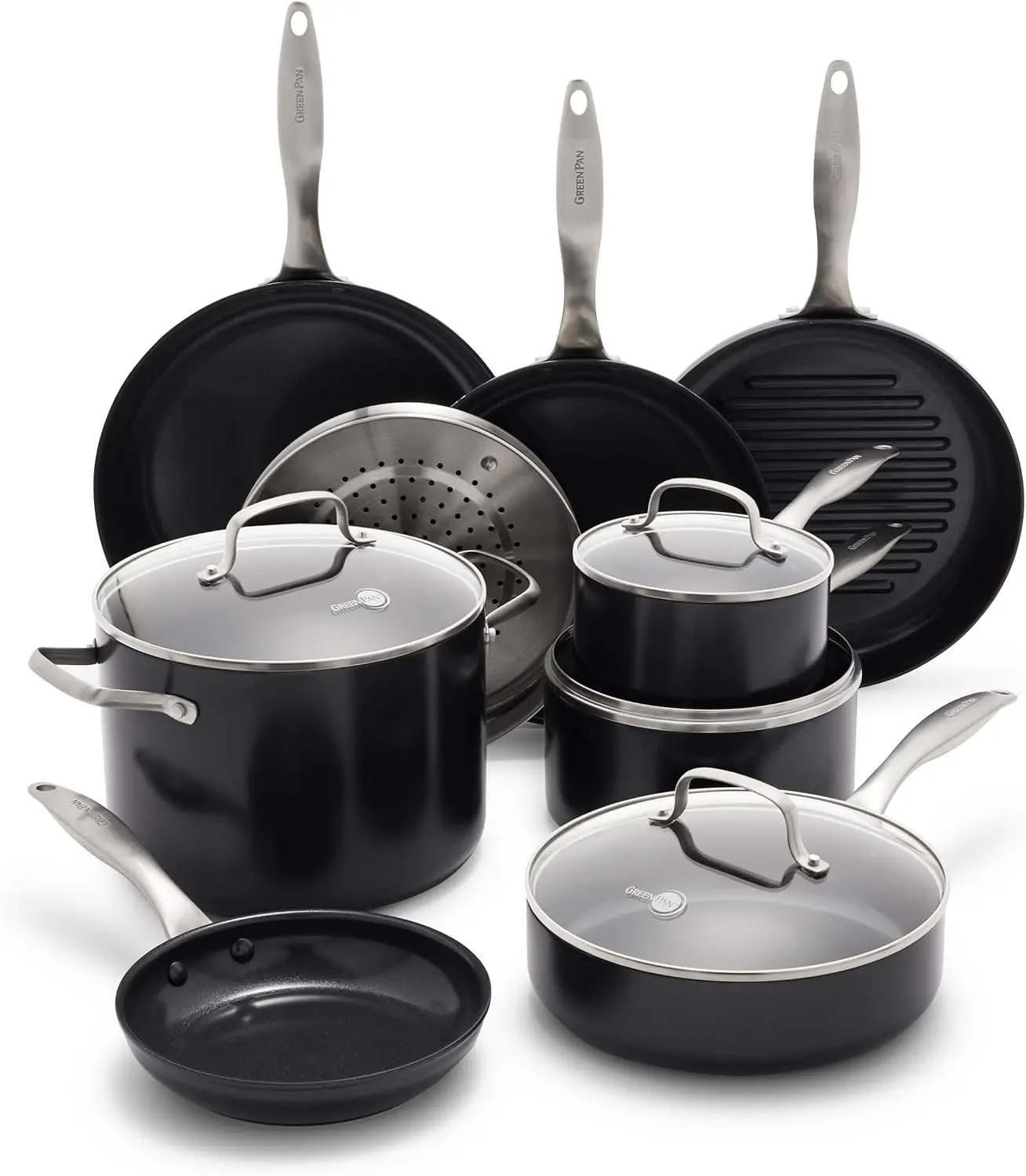 

Ceramic Nonstick 13 Piece Set, Hard Anodized, Stainless Steel Handle, Saute and Saucepans, PFAS-Free