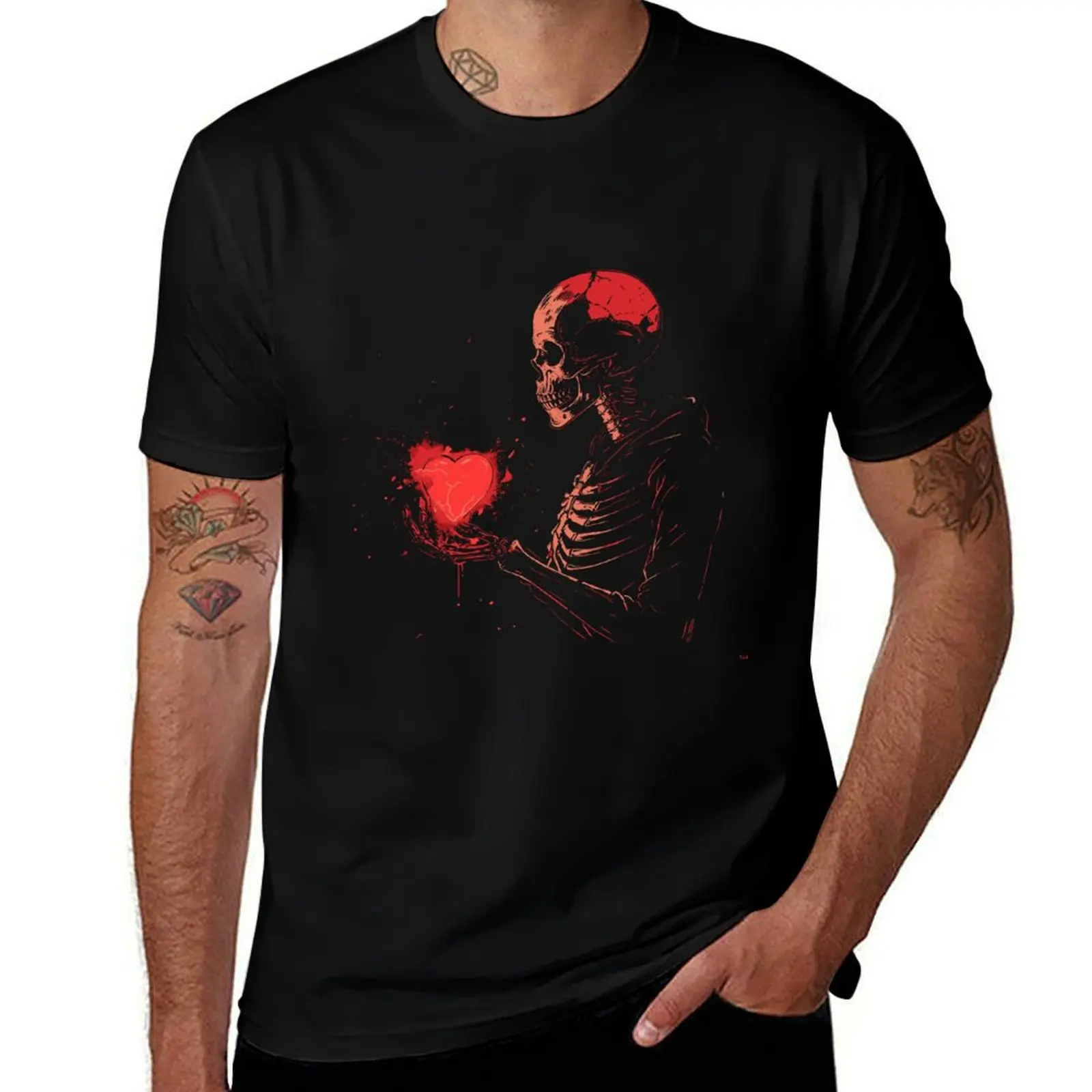 

Skeletal Love Red Hoodie Skeleton Holding Heart Line Art Style T-Shirt t shirts designer T-Shirt