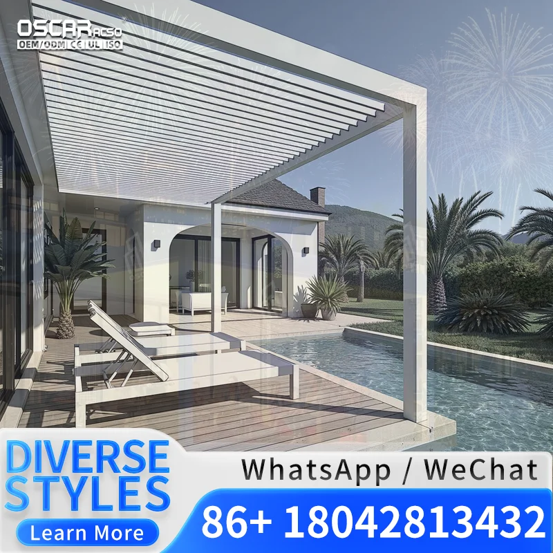 Outdoor Motorized Louvre Curtains Aluminum Frame Powder Coated Climate Capable Gazebo for Patio Garden Backyard Pergola
