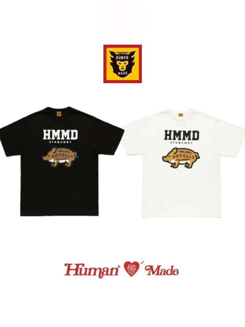 Human Made 25SS Cartoon Pig Letter T-Shirt, Slub Cotton Loose Tee for Men Women