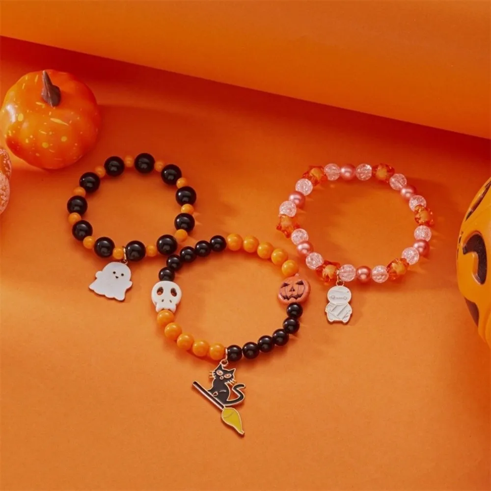 3pcs Gothic Style Pumpkin Pendant Bracelet Zinc Alloy Haunted House Halloween Hand Chain Set Ghost Black Cat