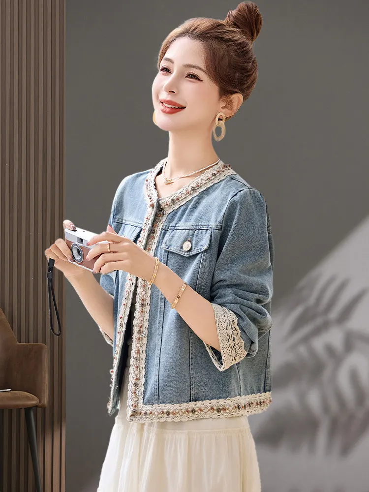 Blue Lace Short Denim Jacket Women's 2026 New Style Spring Autumn Unique Anti-Aging Small Size Super Popular Commute Style