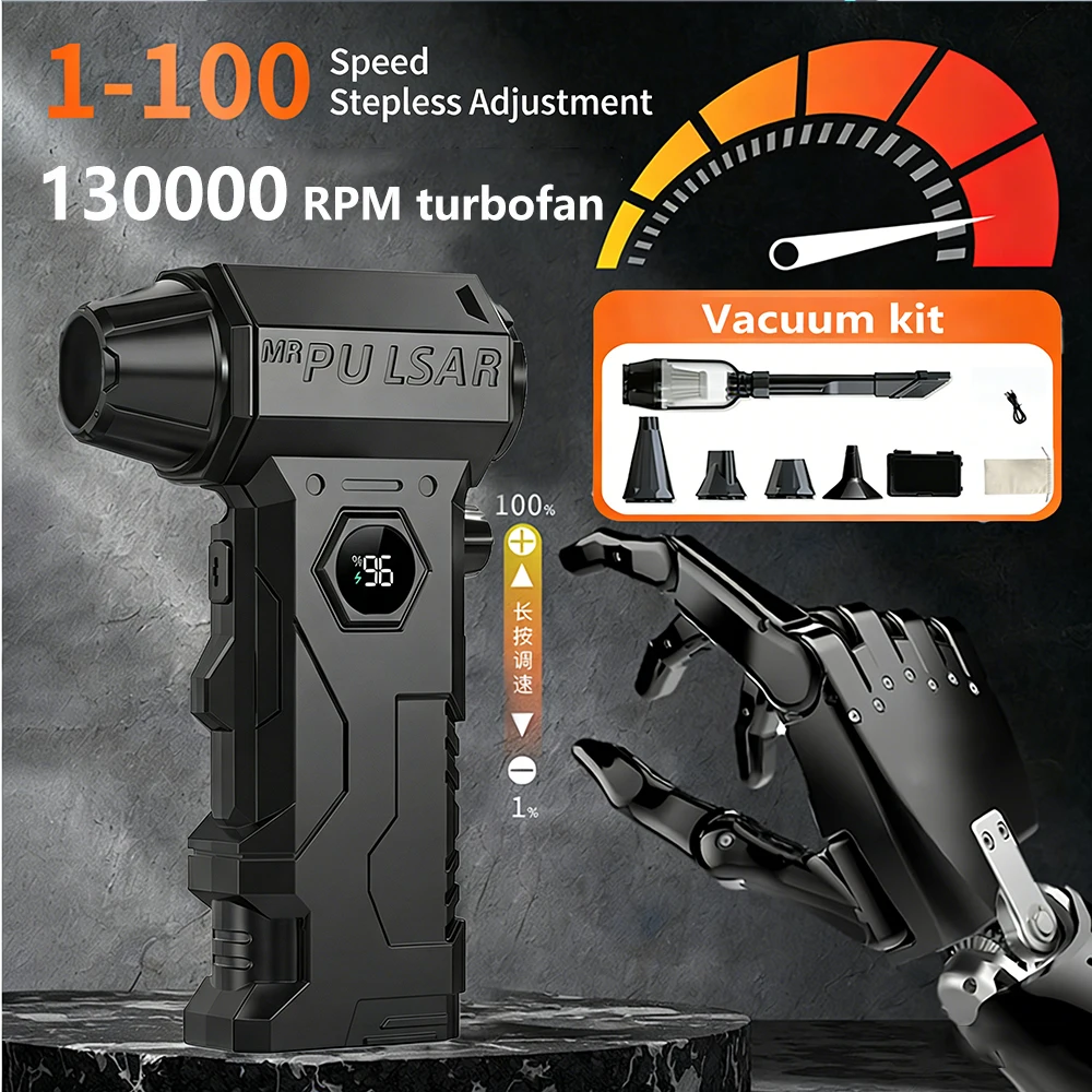 

Турбовоздуходувка 130000 об/мин с бесщеточным двигателем, мощный воздуходув, скорость ветра 65 м/с, 10000 мАч, комплект для вакуумной уборки с турбовентилятором