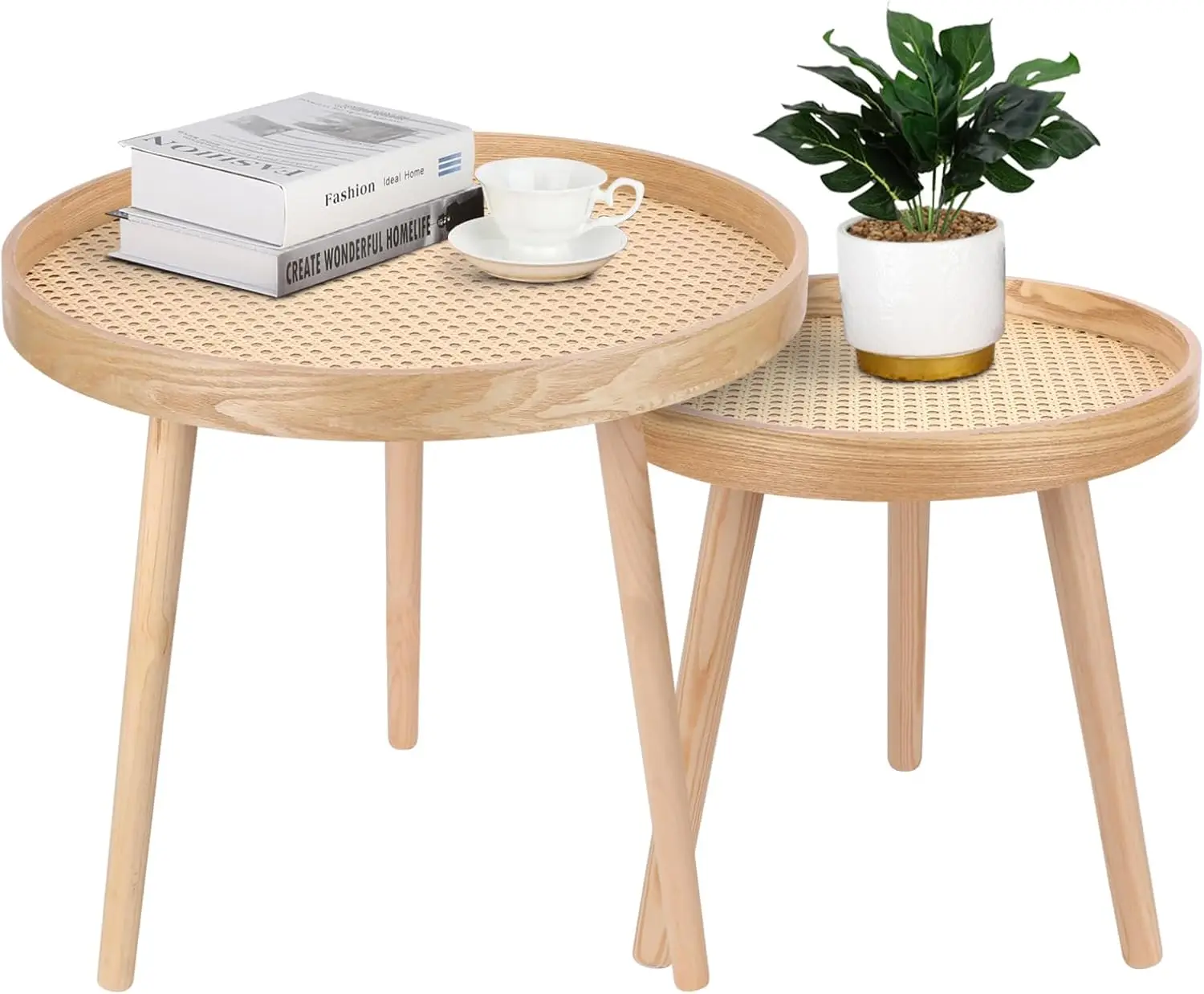 Round Coffee Table Set of 2, Small Mid Century Modern Rattan Coffee Table, Boho Side Table End Tables