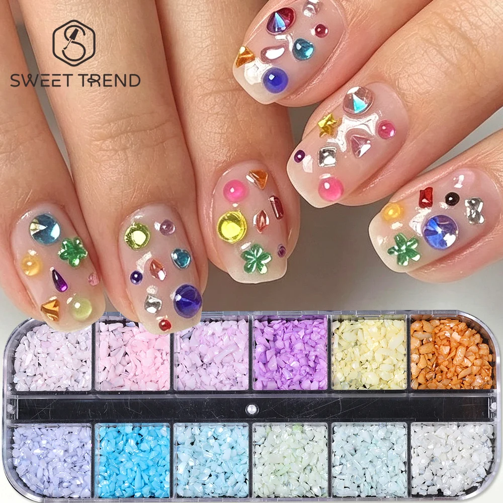 SWEET TREND-12Grids Mixed 3D Nail Rhinestone Macarons Colored Broken Diamond Nail Gems Charms Jewelry Parts DIY Manicure Decor