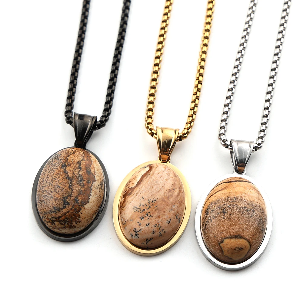 

Tiger Eye Stone Oval Pendant Necklace for Women Men Gold Silver Color Stainless Steel Healing Chain Necklaces Jewelry Gift