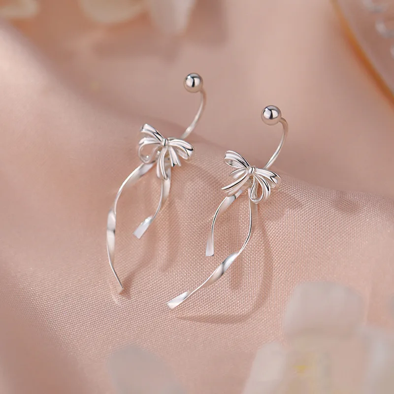 925 Sterling Silver Ribbon Bow Screw Earrings Women Long Fringe Fashion Earrings Hot Sale Summer Jewelry