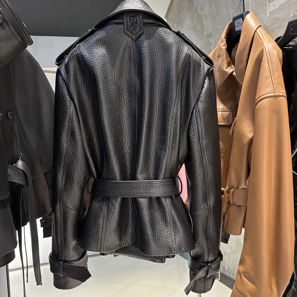 YOLOAgain Double Breasted Croc Pattern Leather Jacket Women 2026 Autumn New Genuine Leather Jacket Ladies