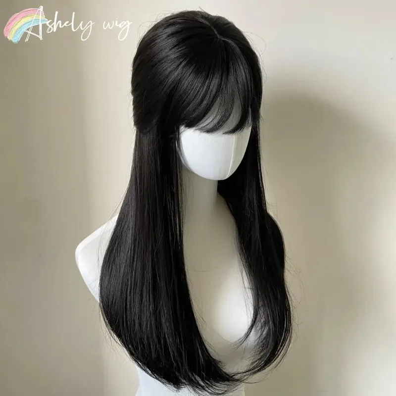 Черный парик с челкой Длинные прямые синтетические парики для женщин 24 дюйма Лолита Симпатичные натуральные высокотемпературные волокна для ежедневного использования