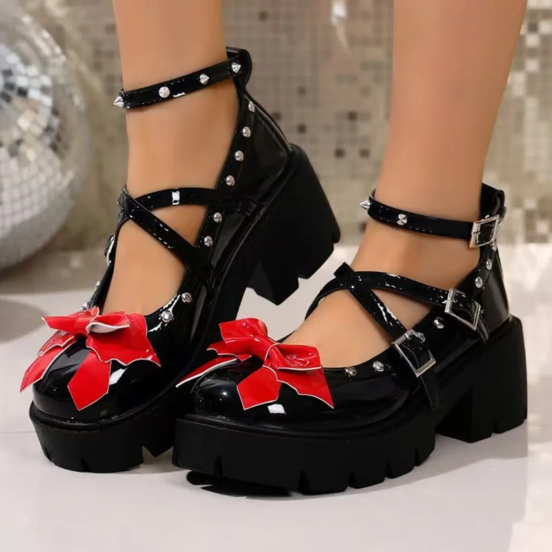 Round Toe Rivet High Heel Pumps Womens New Cross Straps Mary Jane Shoes Black Leather Anti-slip Punk Zapatos De Mujer Size 35-43