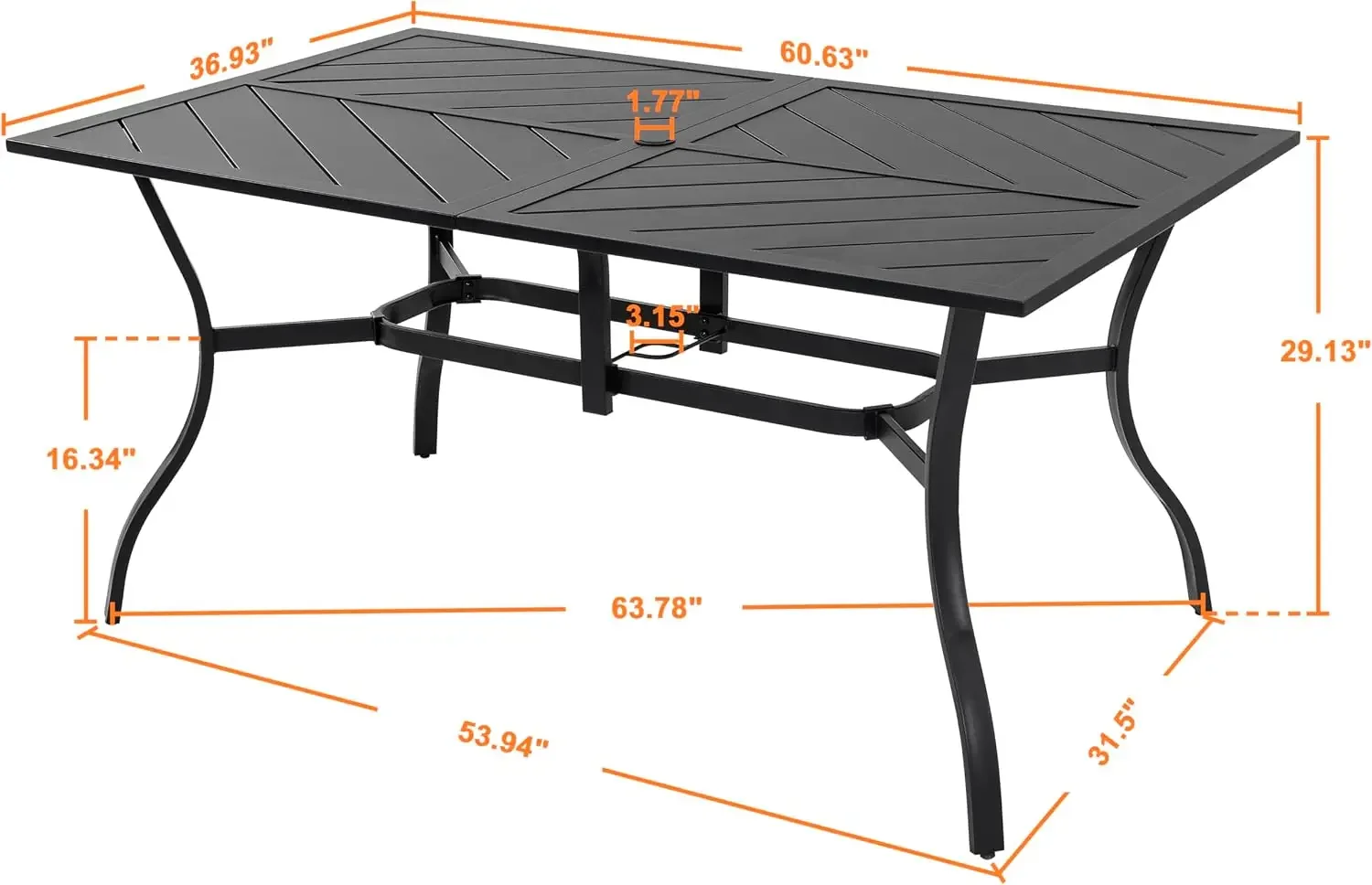 6-Person Outdoor Dining Table, All Weather Patio Table with Umbrella Hole, Backyard Bistro Table, Black, 61x37x29 inches, 150 LB