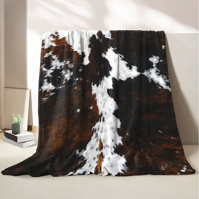 1-piece plush cowhide patterned blanket - super soft brown and white animal print suitable for sofas beds camping blankets