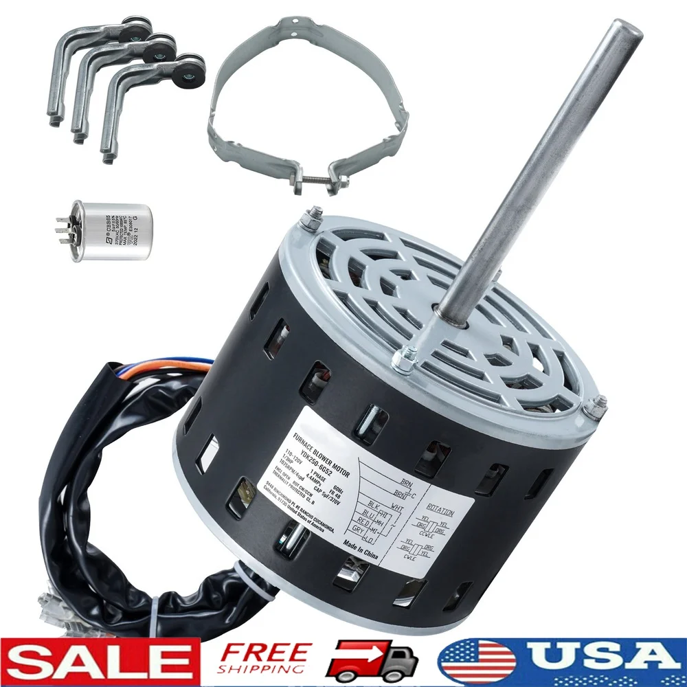 

1/3HP Furnace Blower Motor 110-120V 4.4A 1075RPM 4 Speed Dual Rotation with Capacitor and Hold Hoop HVAC Systems