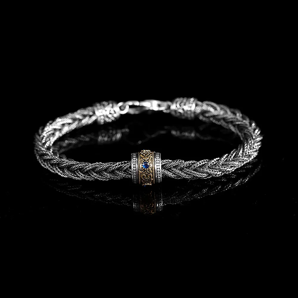Thai Silver Movable Blue Zircons Bead Bracelets for Men Braided Twists Square Bracelet 925 Sterling Silver Twisted Bangles Guys