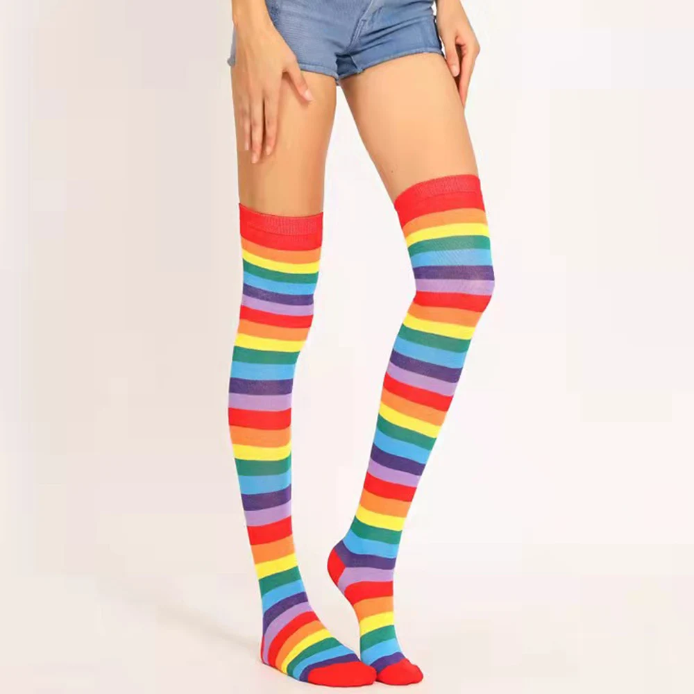 1Pair New Fashion Girls Over Knee Long Stripe Printed Socks Casual Women Colorful Rainbow Cotton Socks Sweet Cute Plus Size Sock